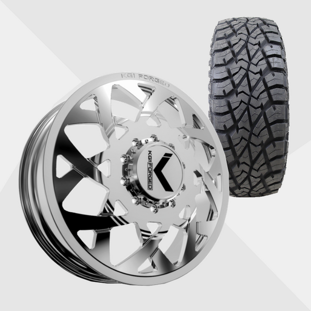 KG1 KD008 Orbital-KD Polished 24x8.25 8x165.1 (8x6.5) with AMP Tires Terrain Attack R/T 35x13.50R24 Dually Package