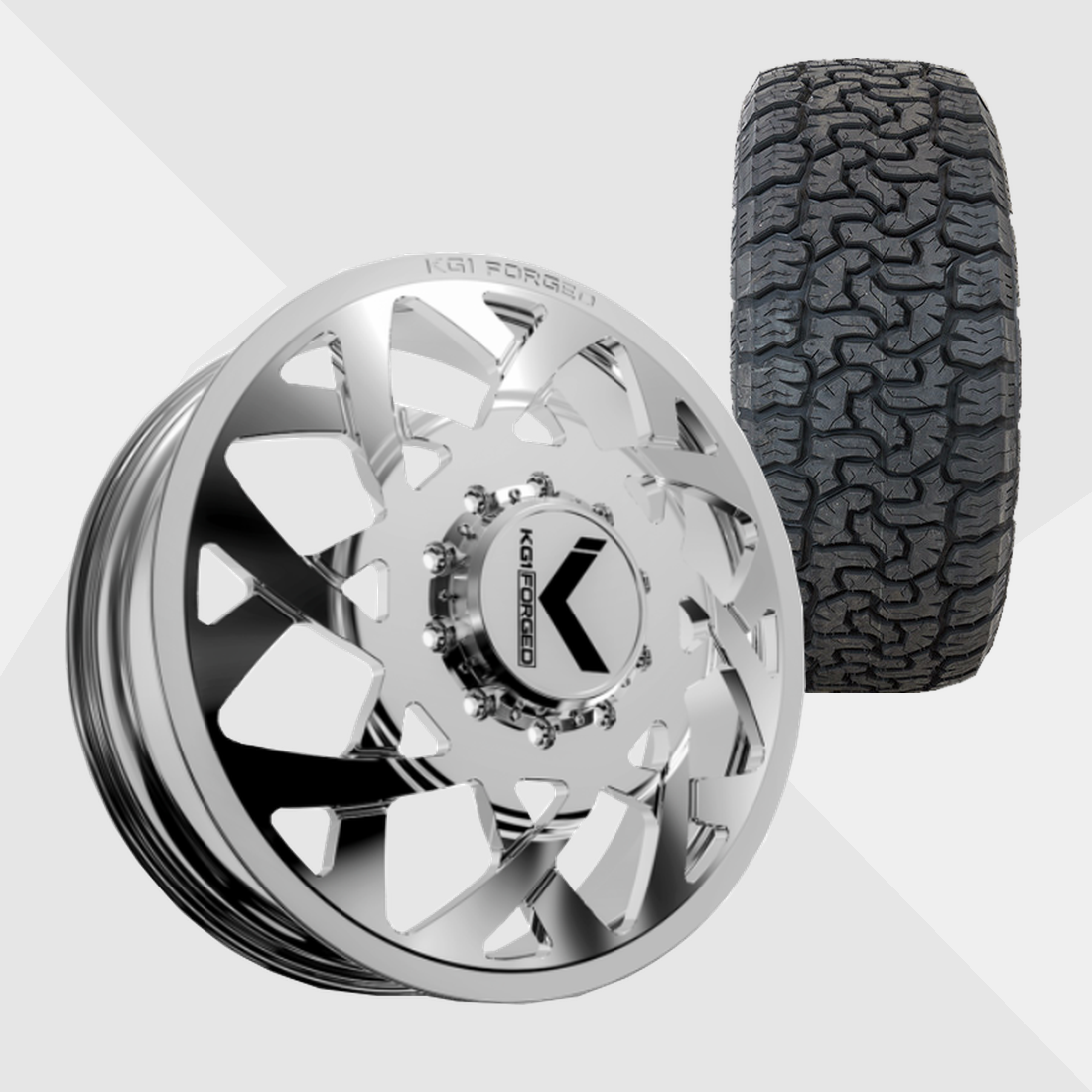 KG1 KD008 Orbital-KD Polished 24x8.25 8x210 with AMP Tires Terrain Pro A/T 35x12.50R24 Dually Package