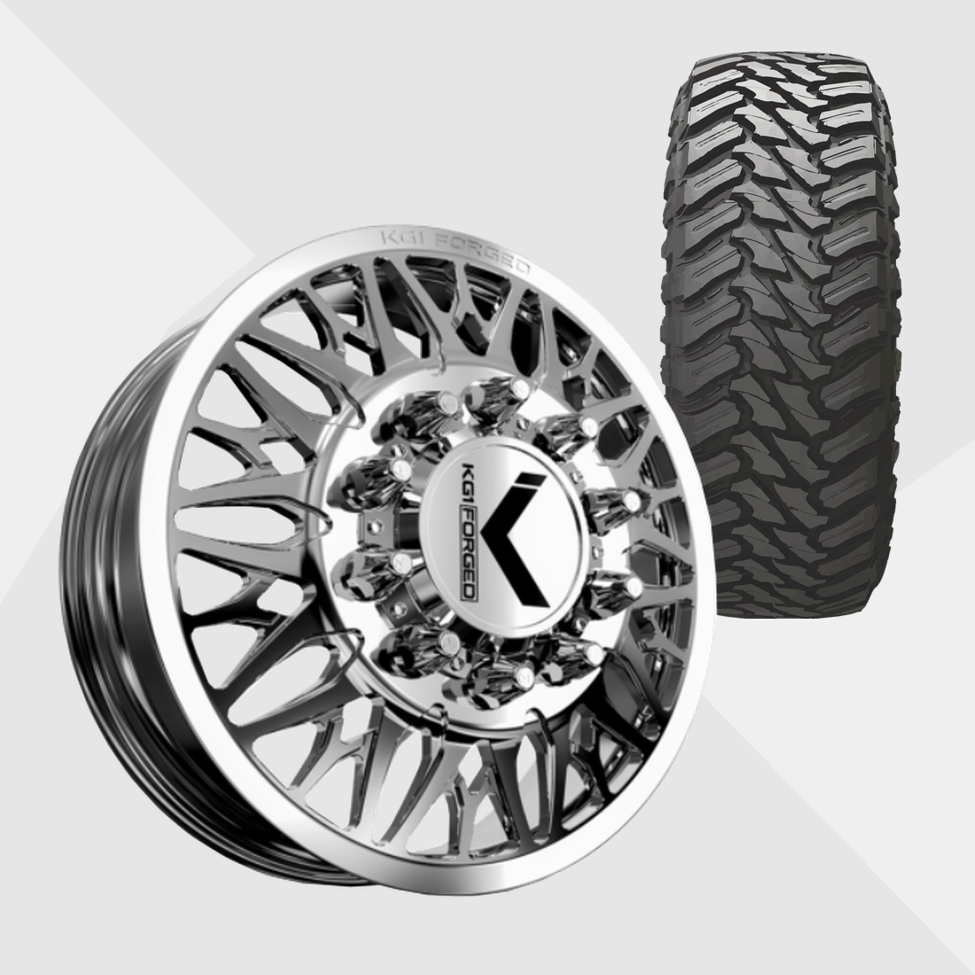 KG1 KD014 Trident-KD Polished 22x8.25 10x225 with Atturo Tires Trail Blade M/T 35x12.50R22 Dually Package