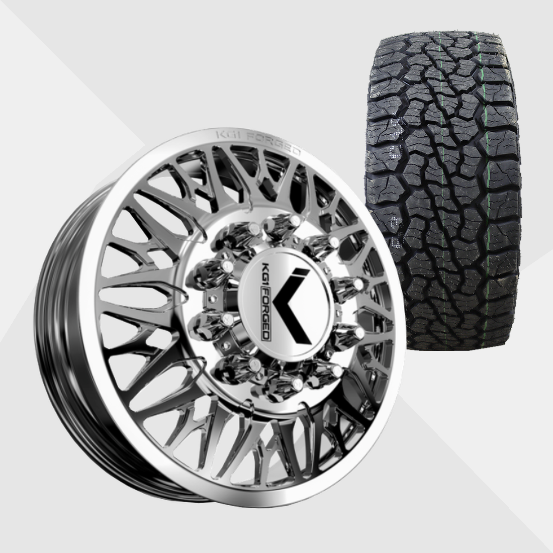 KG1 KD014 Trident-KD Polished 24x8.25 8x165.1 (8x6.5) with Venom Power Tires Swampthing A/T 35x13.50R24 Dually Package