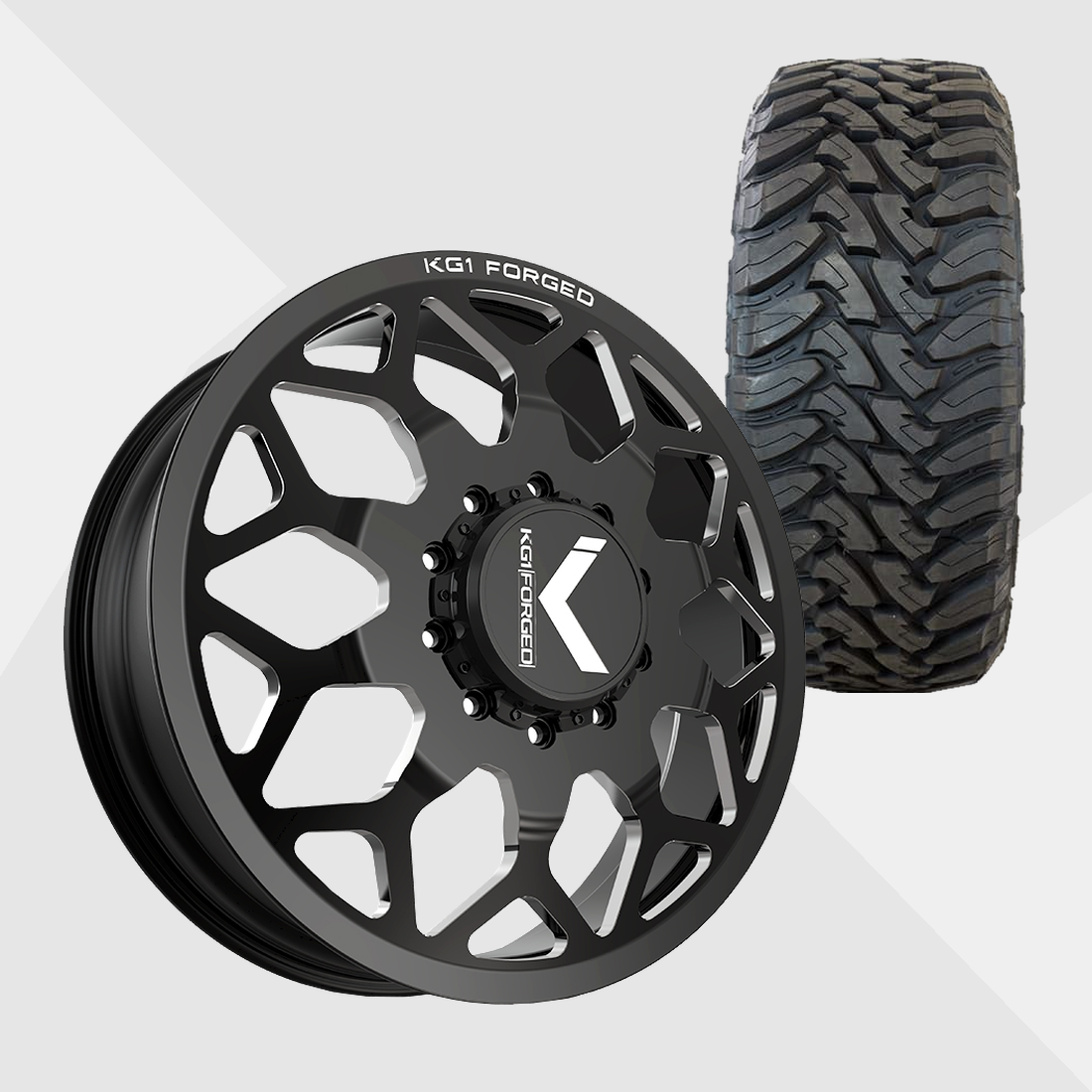 KG1 KD016 Luxor-KD Gloss Black Milled 22x8.25 8x165.1 (8x6.5) with Toyo Tires Open Country M/T 35x12.50R22 Dually Package