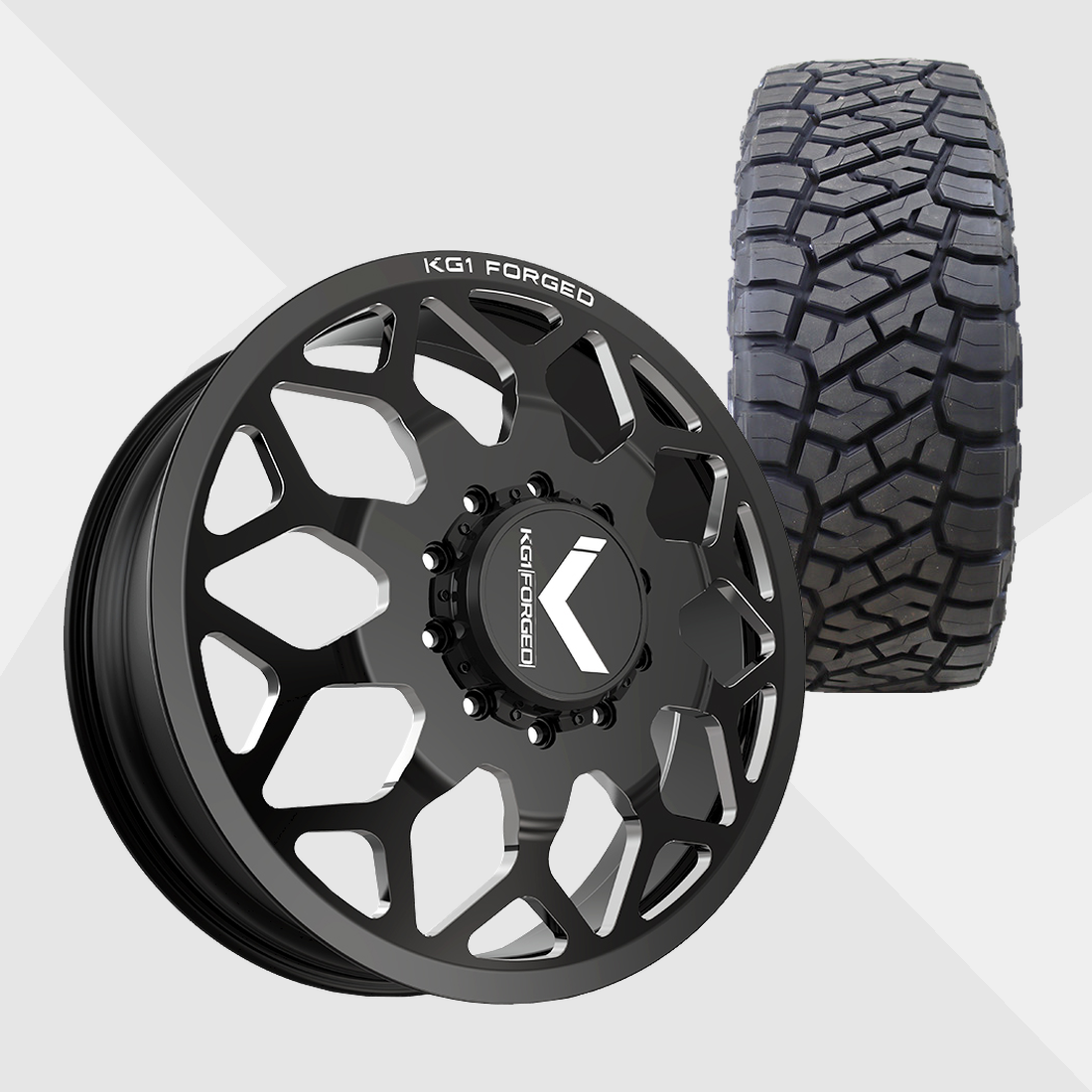 KG1 KD016 Luxor-KD Gloss Black Milled 22x8.25 10x225 with Toyo Tires Open Country R/T Trail 285/55R22 Dually Package