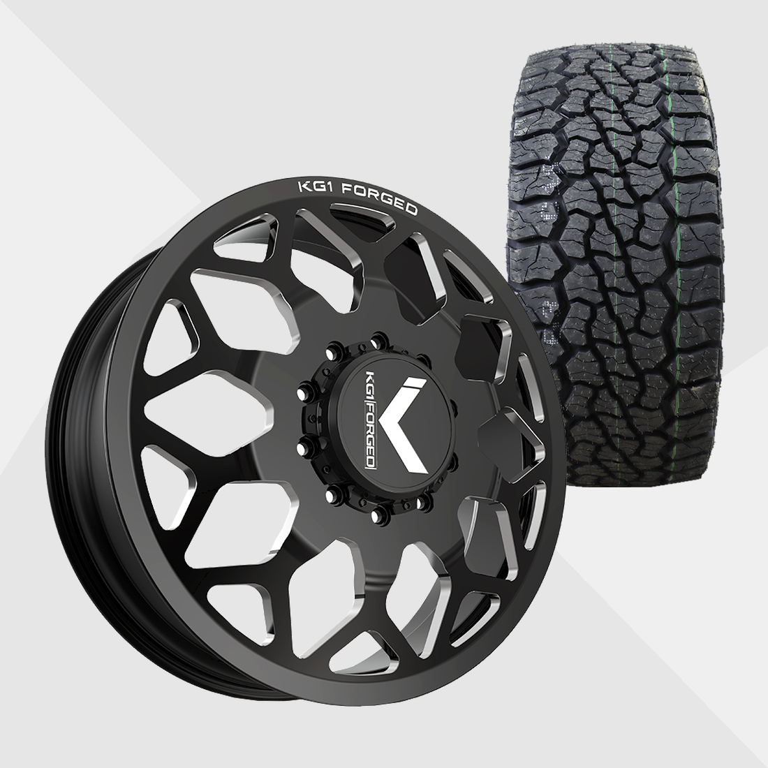 KG1 KD016 Luxor-KD Gloss Black Milled 22x8.25 10x225 with Venom Power Tires Swampthing A/T 33x12.50R22 Dually Package