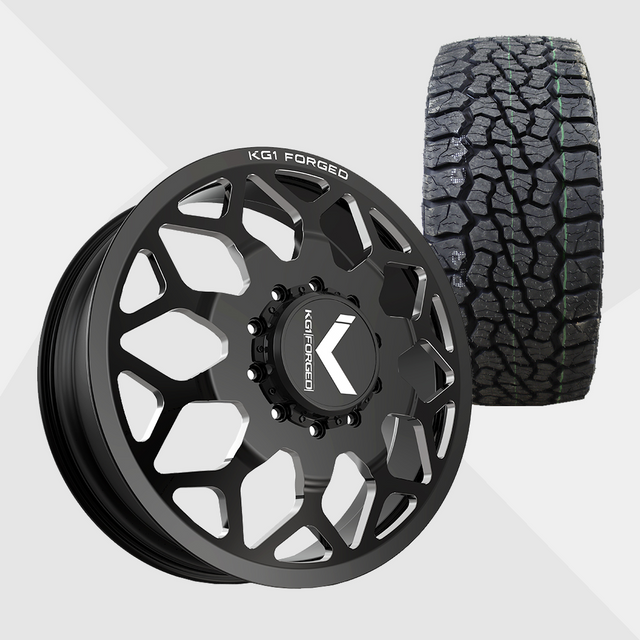 KG1 KD016 Luxor-KD Gloss Black Milled 22x8.25 10x225 with Venom Power Tires Swampthing A/T 33x12.50R22 Dually Package