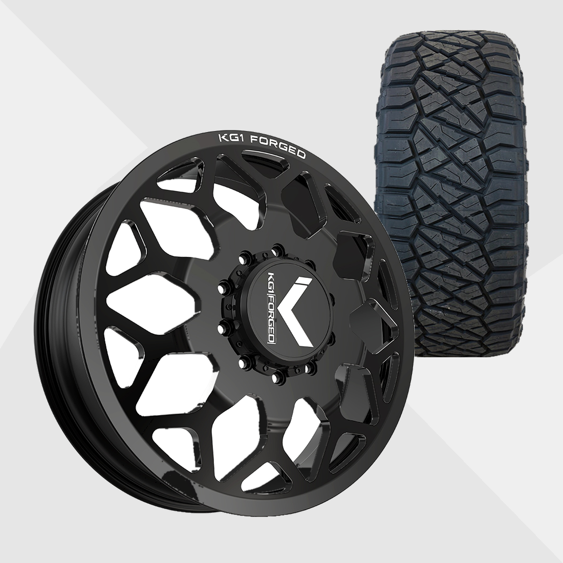 KG1 KD016 Luxor-KD Gloss Black 24x8.25 8x200 with Nitto Tires Ridge Grappler 315/45R24 Dually Package