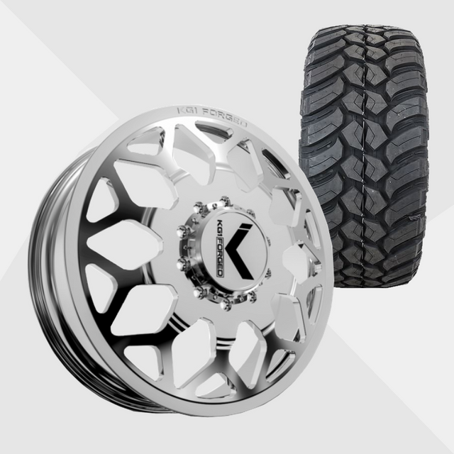 KG1 KD016 Luxor-KD Polished 24x8.25 8x165.1 (8x6.5) with AMP Tires Terrain Attack M/T 35x13.50R24 Dually Package