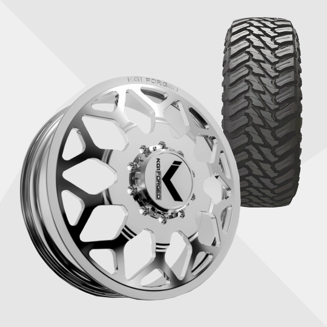 KG1 KD016 Luxor-KD Polished 22x8.25 10x225 with Atturo Tires Trail Blade M/T 35x12.50R22 Dually Package