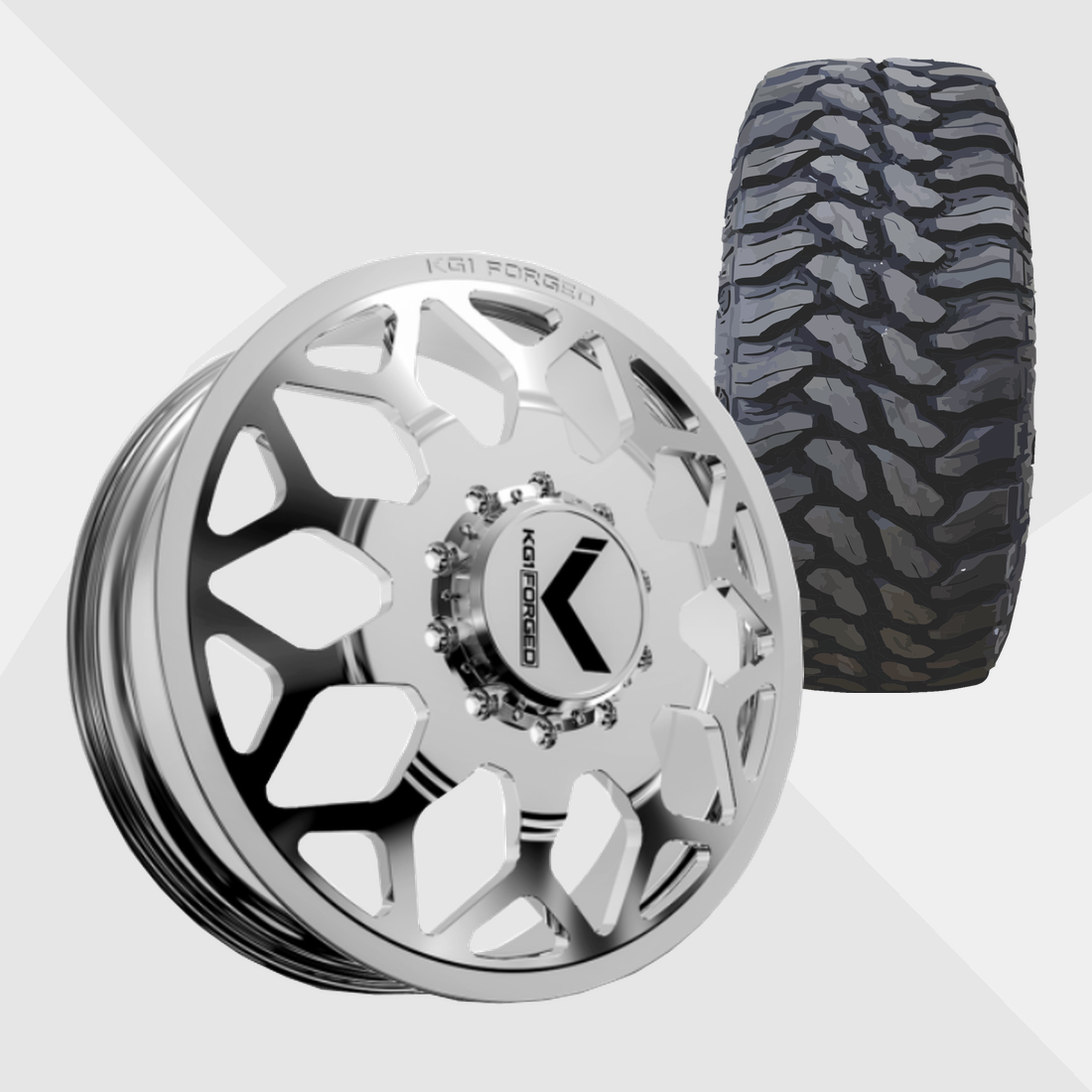 KG1 KD016 Luxor-KD Polished 24x8.25 10x225 with TIS Tires TIS Offroad TT1 M/T 35x13.50R24 Dually Package