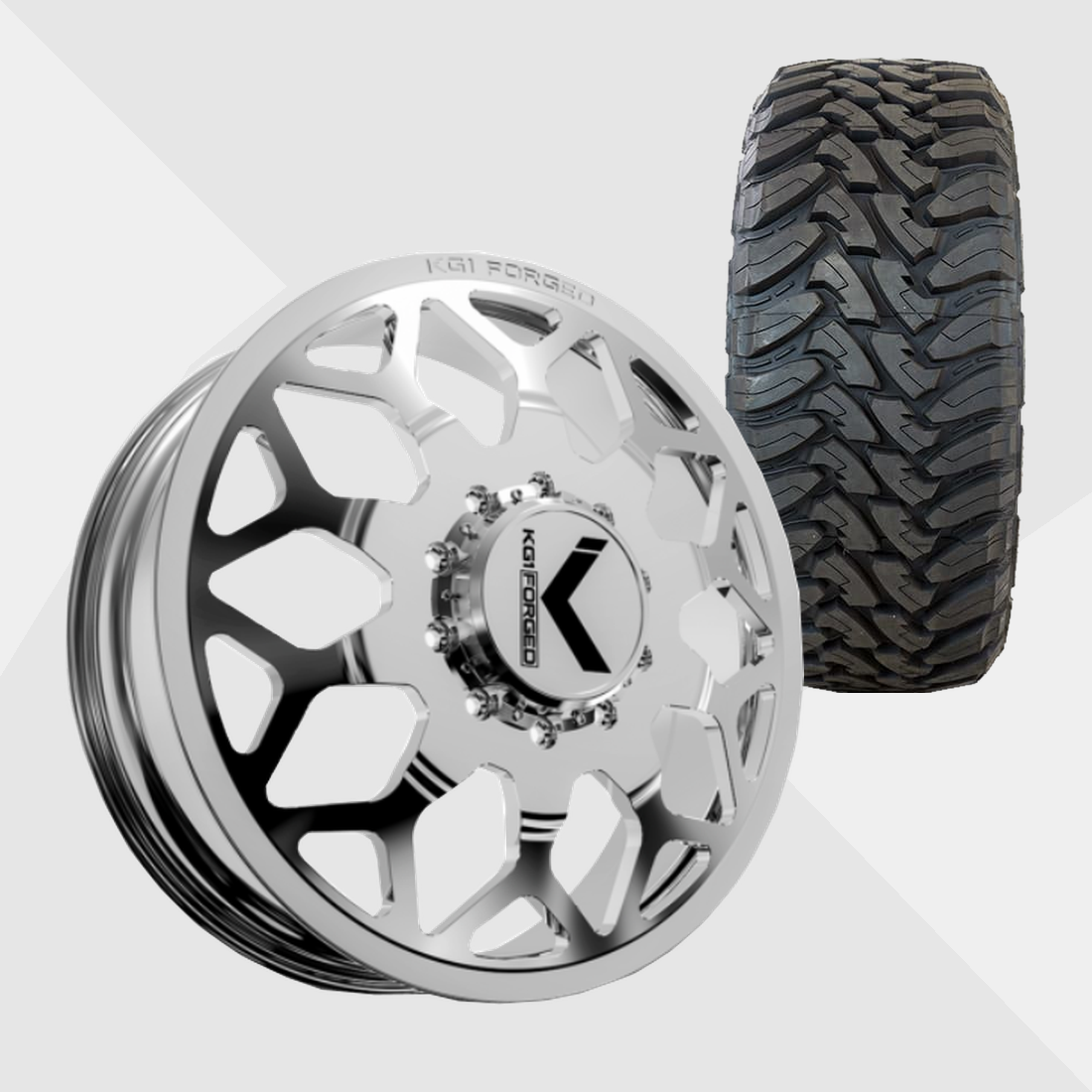 KG1 KD016 Luxor-KD Polished 22x8.25 8x210 with Toyo Tires Open Country M/T 35x12.50R22 Dually Package