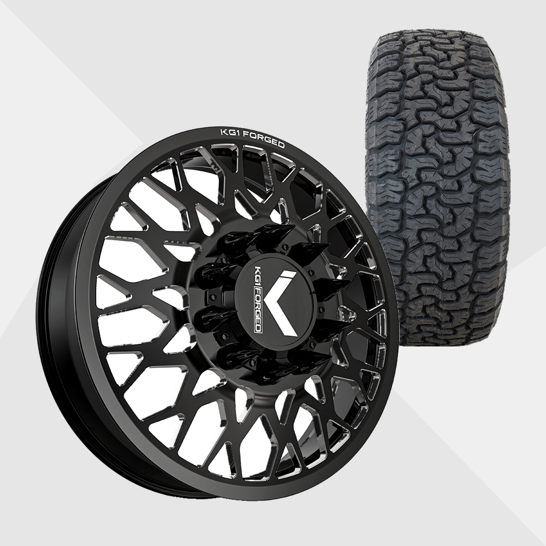KG1 KD019 Torture-KD Gloss Black 22x8.25 10x225 with AMP Tires Terrain Pro A/T 295/50R22 Dually Package
