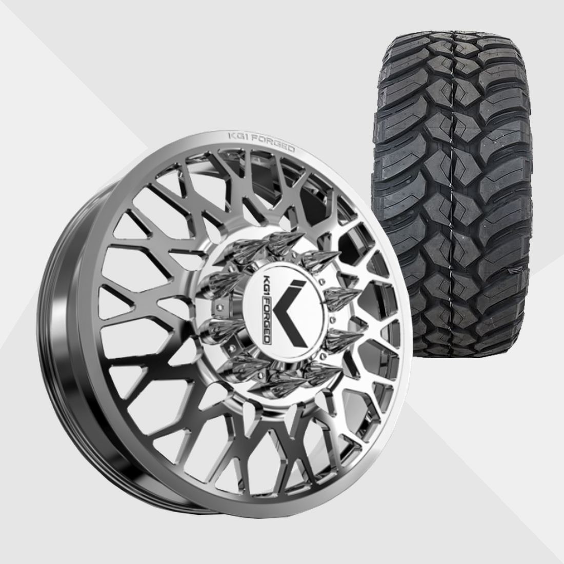 KG1 KD019 Torture-KD Polished 24x8.25 10x225 with AMP Tires Terrain Attack M/T 37x13.50R24 Dually Package