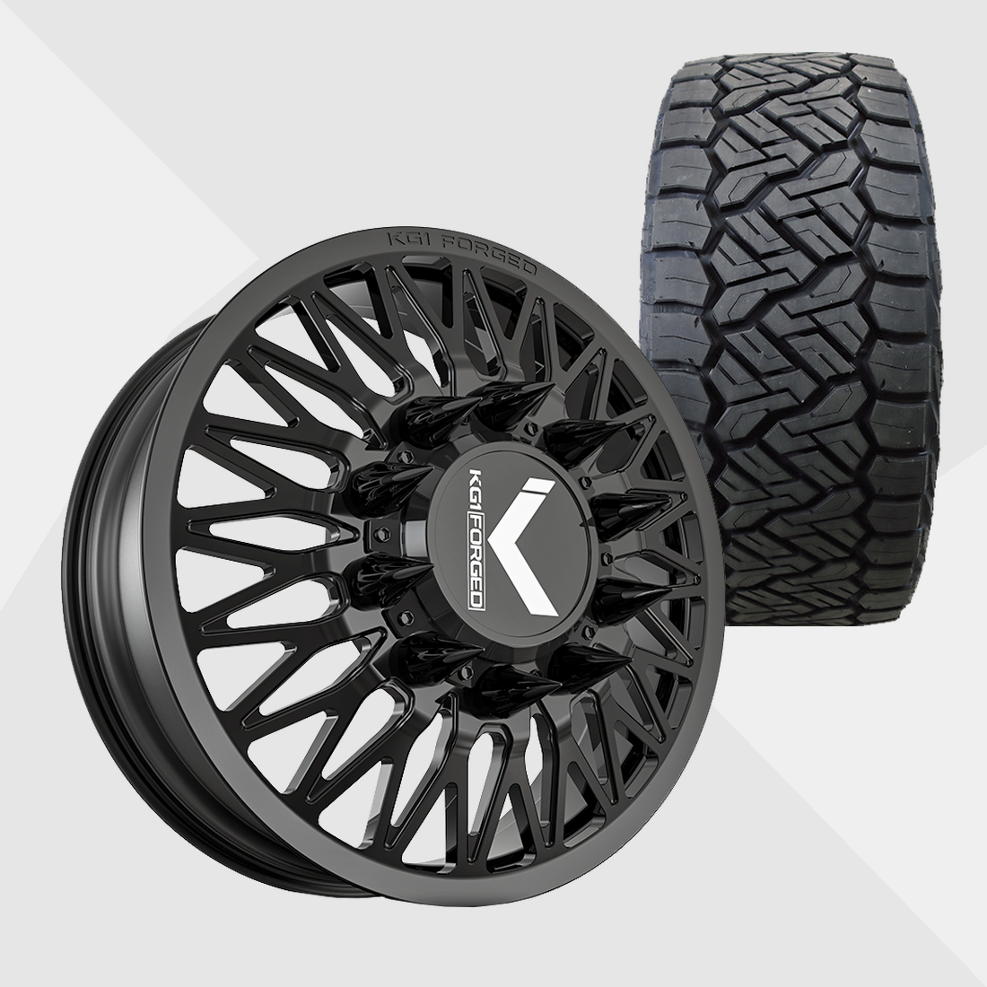 KG1 KD059 Seismic-KD Gloss Black 24x8.25 10x225 with Nitto Tires Recon Grappler A/T 35x12.50R24 Dually Package