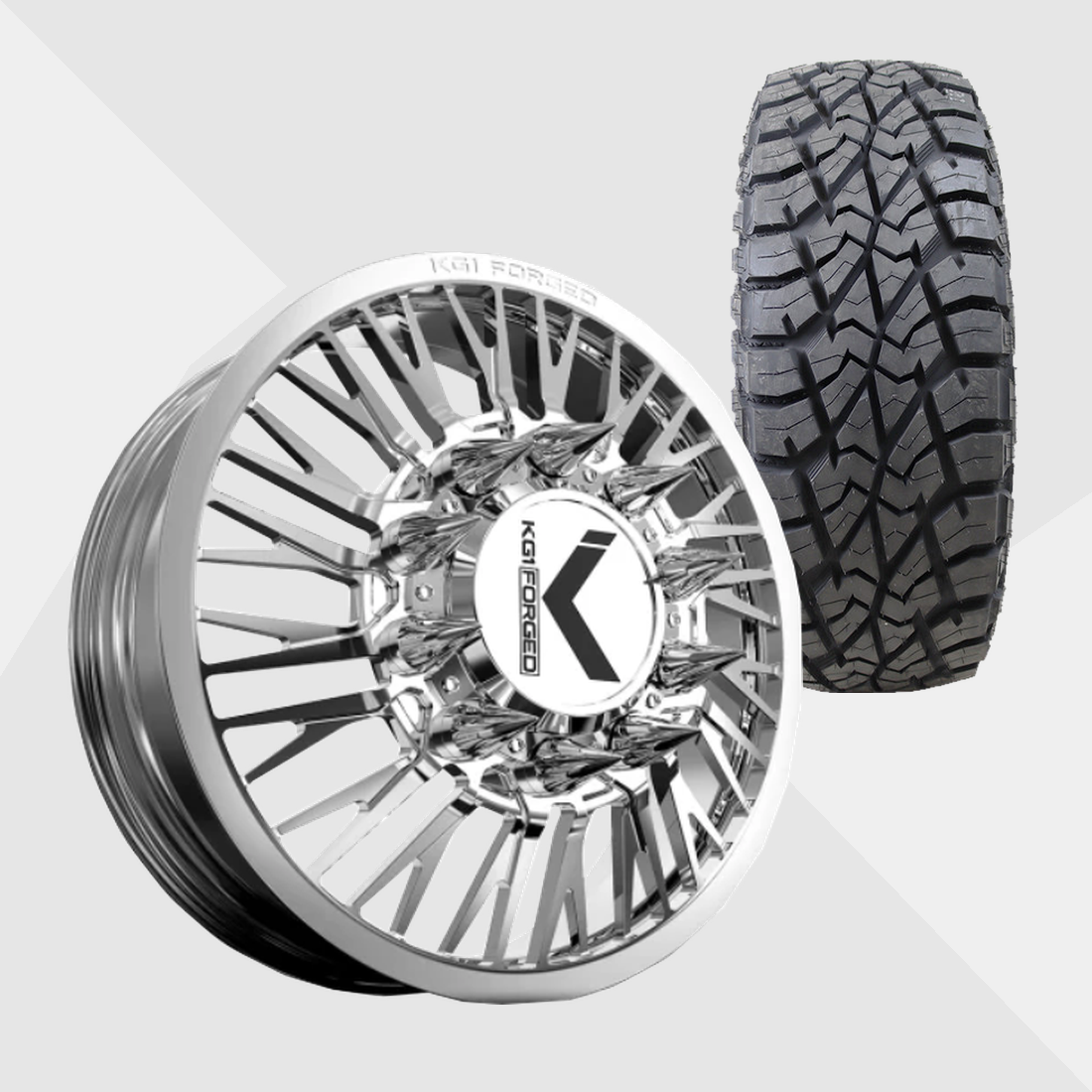 KG1 KD090 Allure-KD Polished 24x8.25 10x225 with AMP Tires Terrain Attack R/T 35x13.50R24 Dually Package