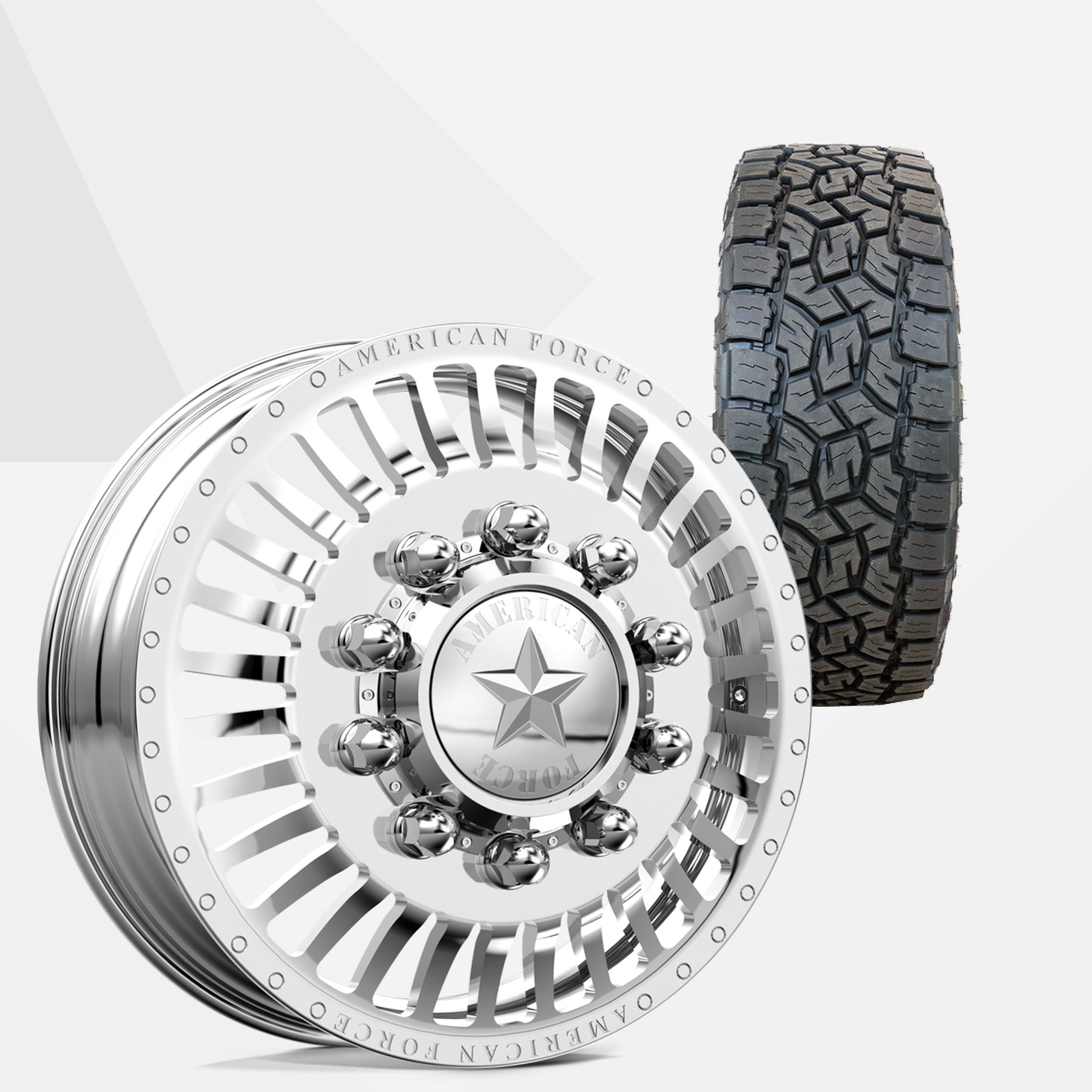 American Force Legion Polished 22x8.25 Wheels & Toyo Tires Open Country A/T III 285/55R22 Tires - 22" Dually Package