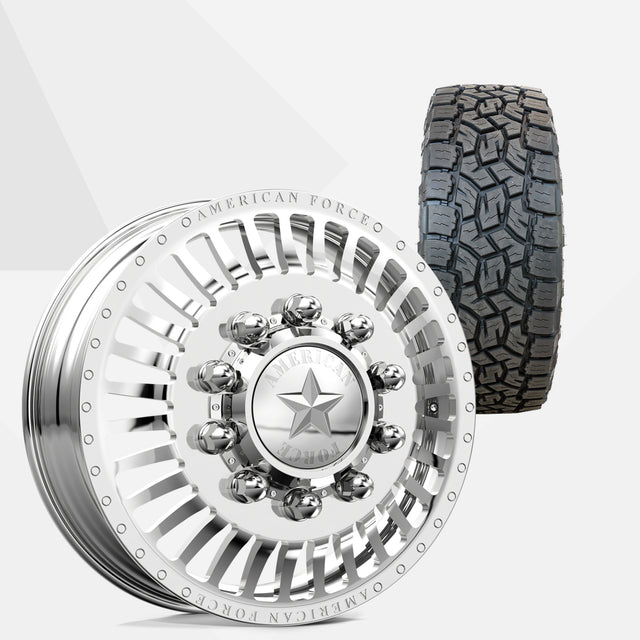American Force Legion Polished 22x8.25 Wheels & Toyo Tires Open Country A/T III 285/55R22 Tires - 22" Dually Package