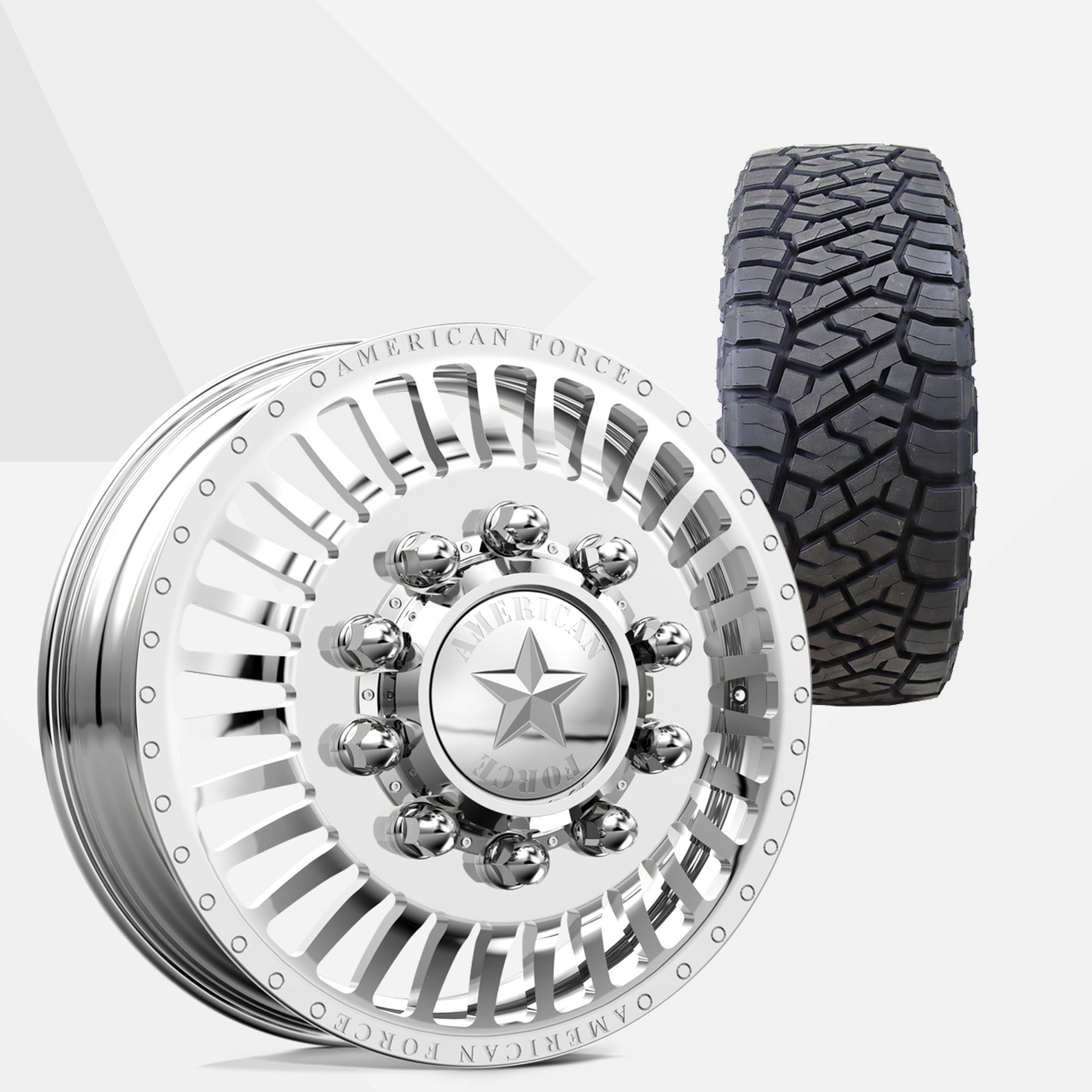 American Force Legion Polished 22x8.25 Wheels & Toyo Tires Open Country R/T Trail 285/55R22 Tires - 22" Dually Package