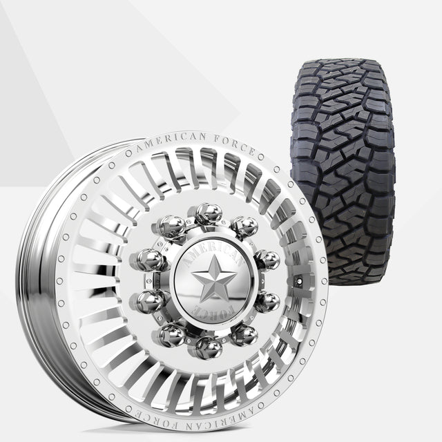 American Force Legion Polished 22x8.25 Wheels & Toyo Tires Open Country R/T Trail 285/55R22 Tires - 22" Dually Package