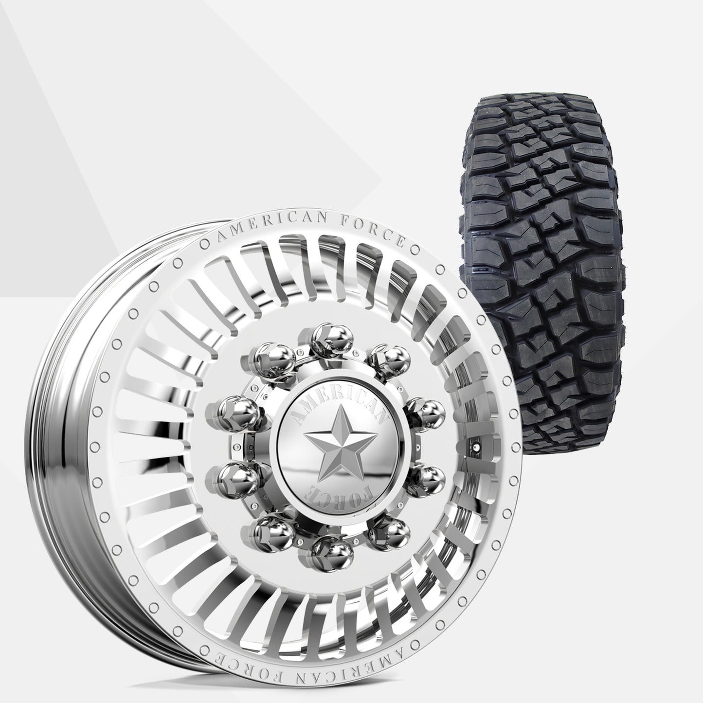 American Force Legion Polished 22x8.25 Wheels & Toyo Tires Open Country RT Pro 285/55R22 Tires - 22" Dually Package