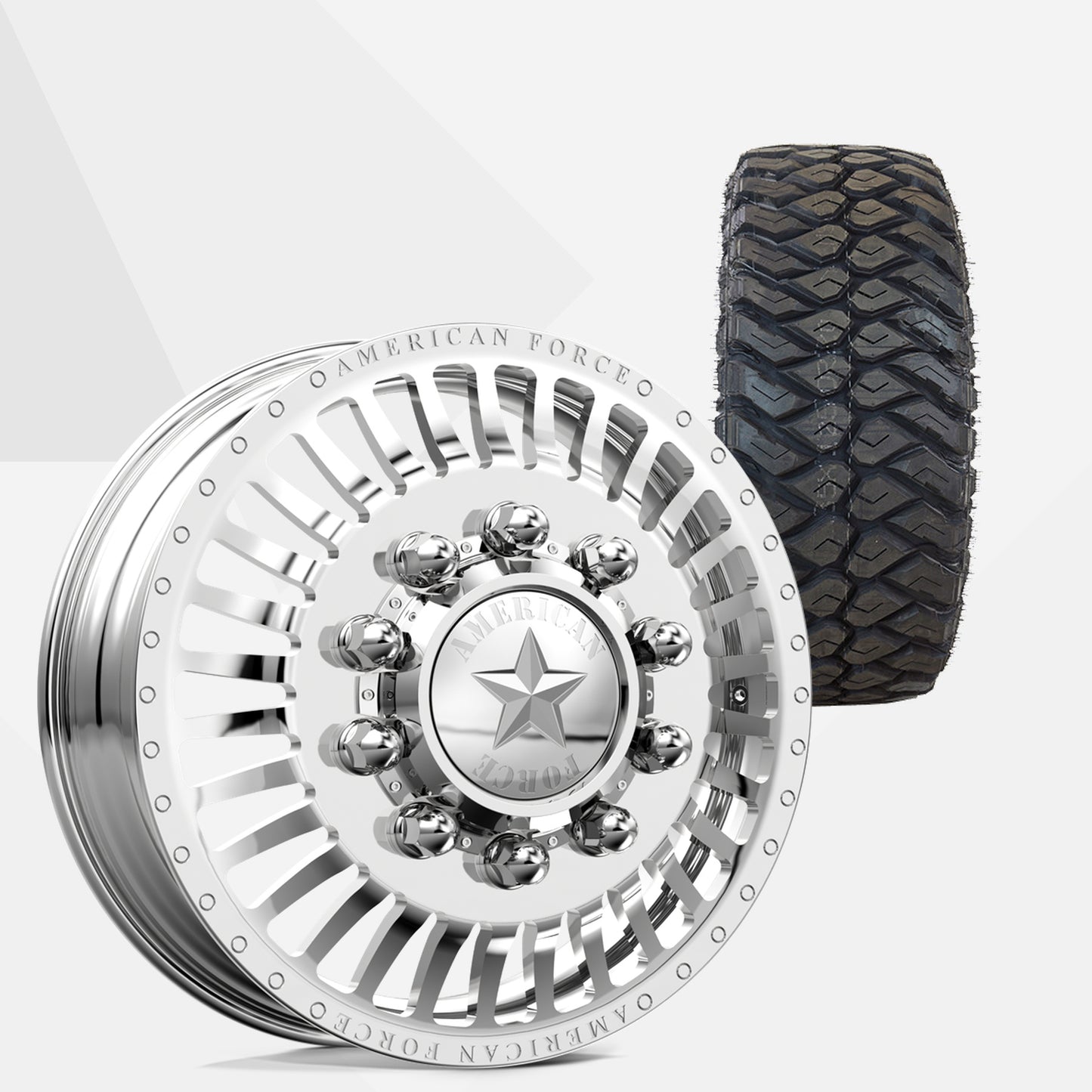 American Force Legion Polished 22x8.25 Wheels & Maxxis Tires Razr M/T 35x12.50R22 Tires - 22" Dually Package