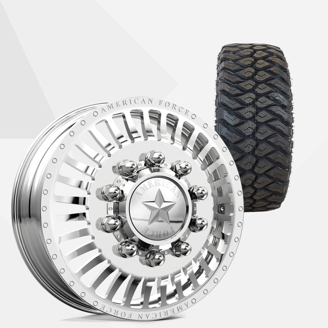 American Force Legion Polished 22x8.25 Wheels & Maxxis Tires Razr M/T 35x12.50R22 Tires - 22" Dually Package