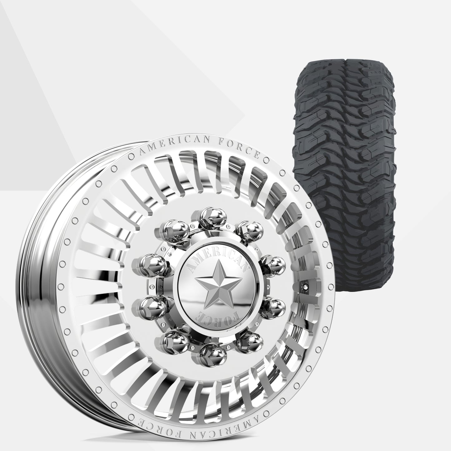 American Force Legion Polished 22x8.25 Wheels & Atturo Tires Trail Blade MTS 285/55R22 Tires - 22" Dually Package