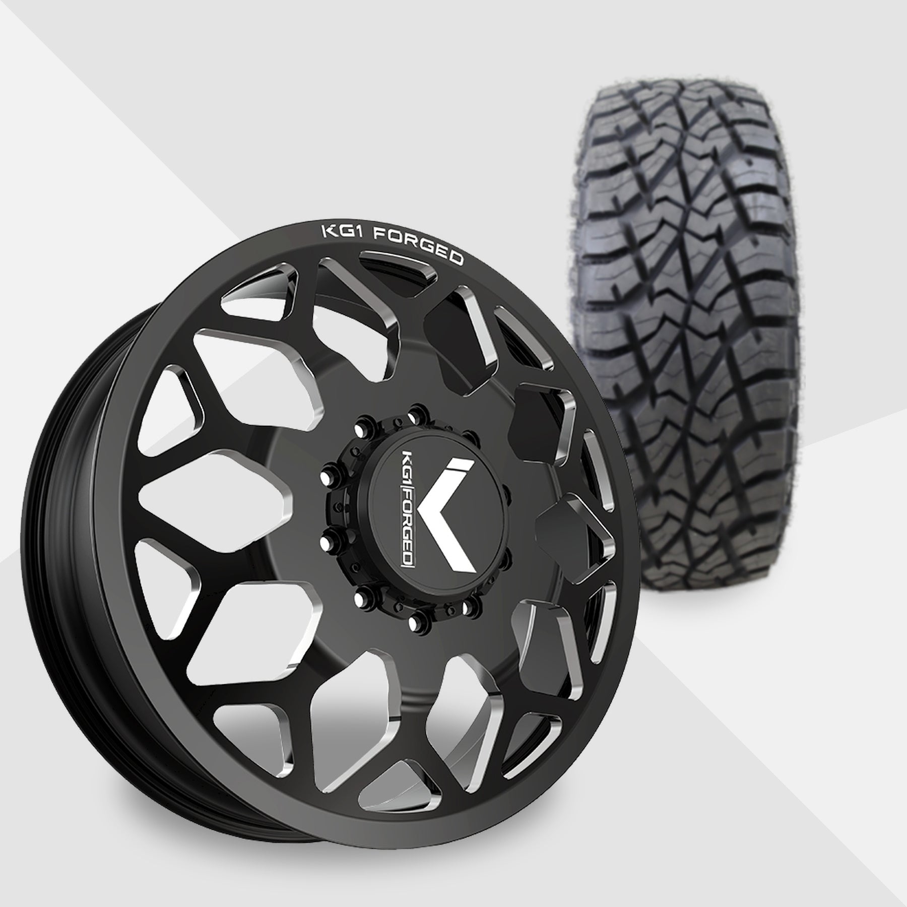 KG1 Luxor-KD 24x8.25 Wheels & AMP Tires Terrain Attack R/T 35x13.50R24 Tires - 24" Dually Package