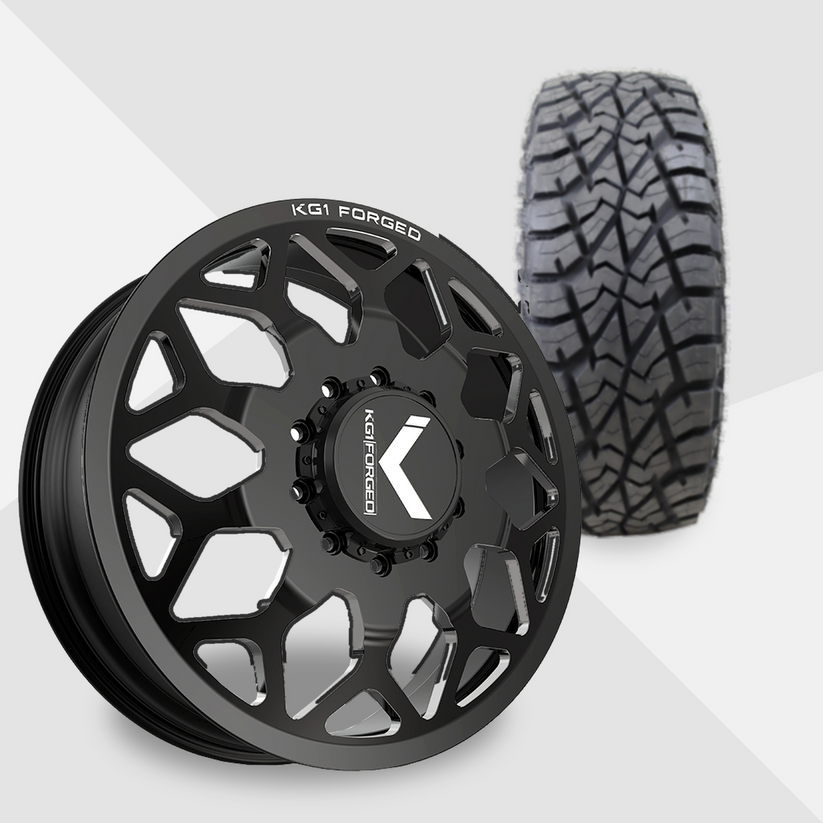 KG1 Luxor-KD 22x8.25 Wheels & AMP Tires Terrain Attack R/T 35x12.50R22 Tires - 22" Dually Package