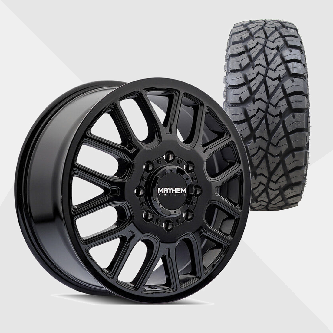 Mayhem Cogent Gloss Black Milled Spokes 22x8.25 8x165.1 (8x6.5) with AMP Tires Terrain Attack R/T 35x12.50R22 Dually Package