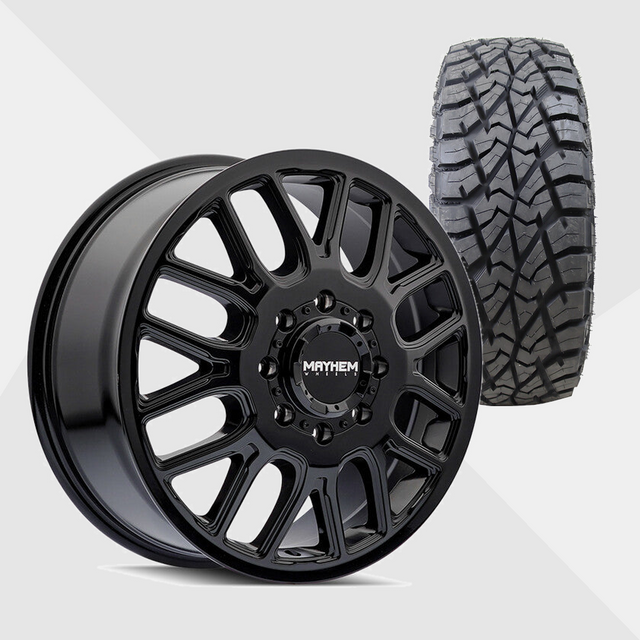 Mayhem Cogent Gloss Black Milled Spokes 22x8.25 8x165.1 (8x6.5) with AMP Tires Terrain Attack R/T 35x12.50R22 Dually Package