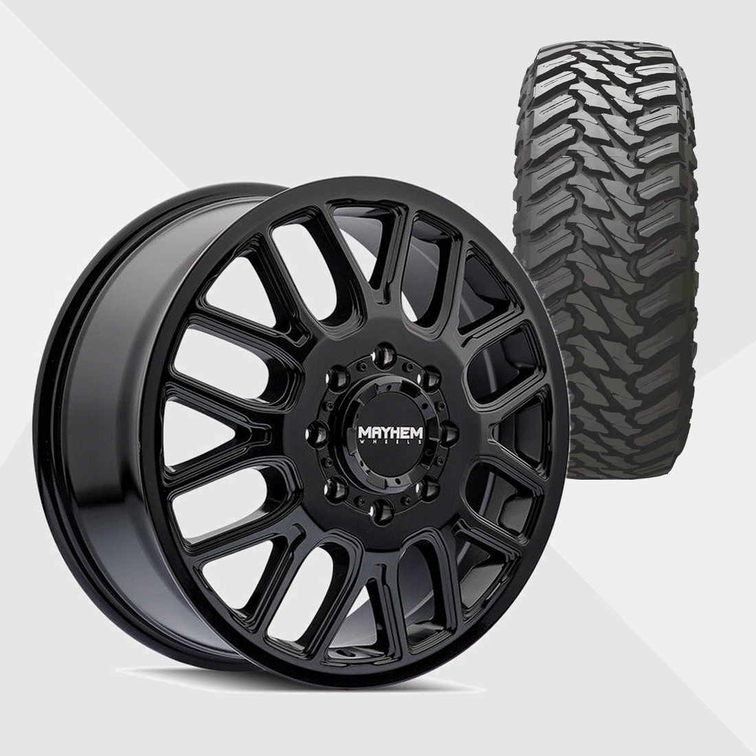 Mayhem Cogent Gloss Black Milled Spokes 22x8.25 8x200 with Atturo Tires Trail Blade M/T 33x12.50R22 Dually Package