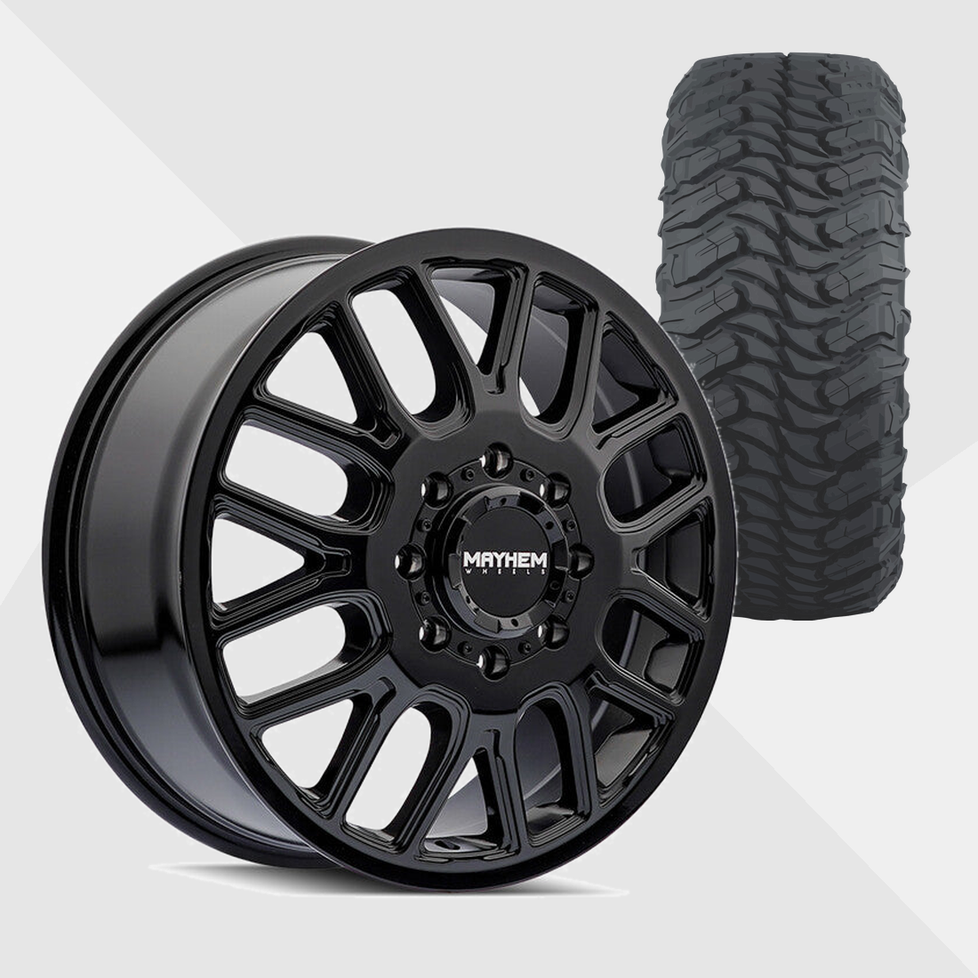 Mayhem Cogent Gloss Black Milled Spokes 22x8.25 8x165.1 (8x6.5) with Atturo Tires Trail Blade MTS 285/55R22 Dually Package