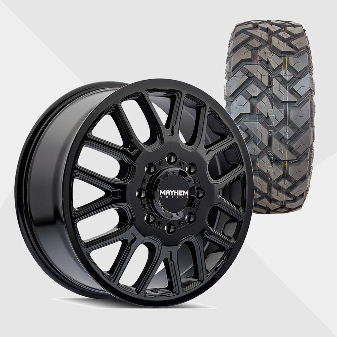 Mayhem Cogent Gloss Black Milled Spokes 22x8.25 8x165.1 (8x6.5) with Fuel Tires Gripper X/T 33x12.50R22 Dually Package