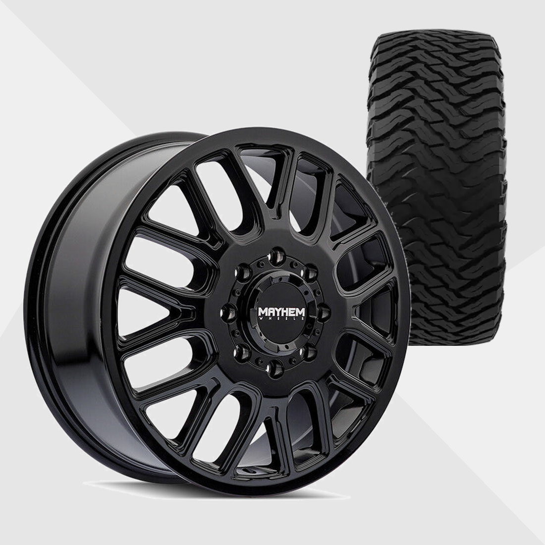 Mayhem Cogent Gloss Black Milled Spokes 22x8.25 8x210 with Ironman Tires All Country M/T-X 37x13.50R22 Dually Package