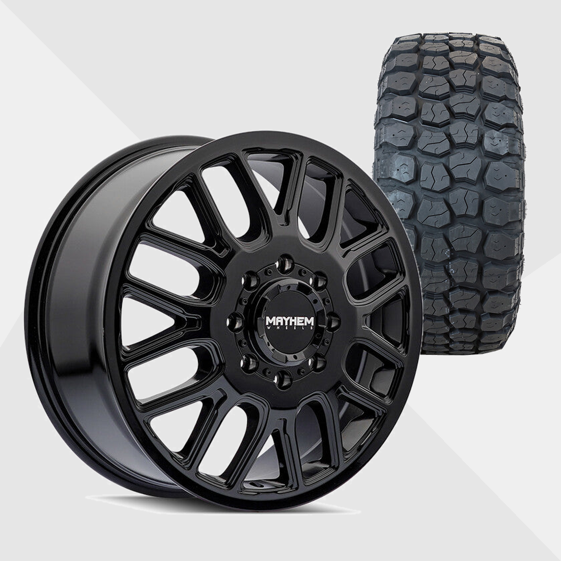 Mayhem Cogent Gloss Black Milled Spokes 22x8.25 8x210 with Ironman Tires All Country M/T 35x12.50R22 Dually Package
