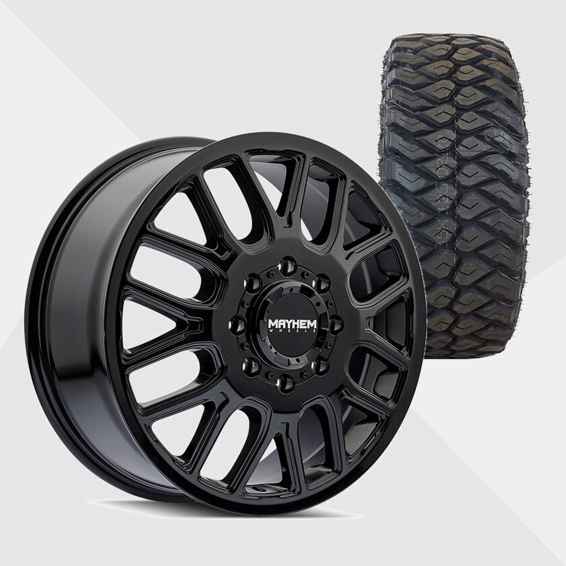 Mayhem Cogent Gloss Black Milled Spokes 22x8.25 8x165.1 (8x6.5) with Maxxis Tires Razr M/T 35x12.50R22 Dually Package