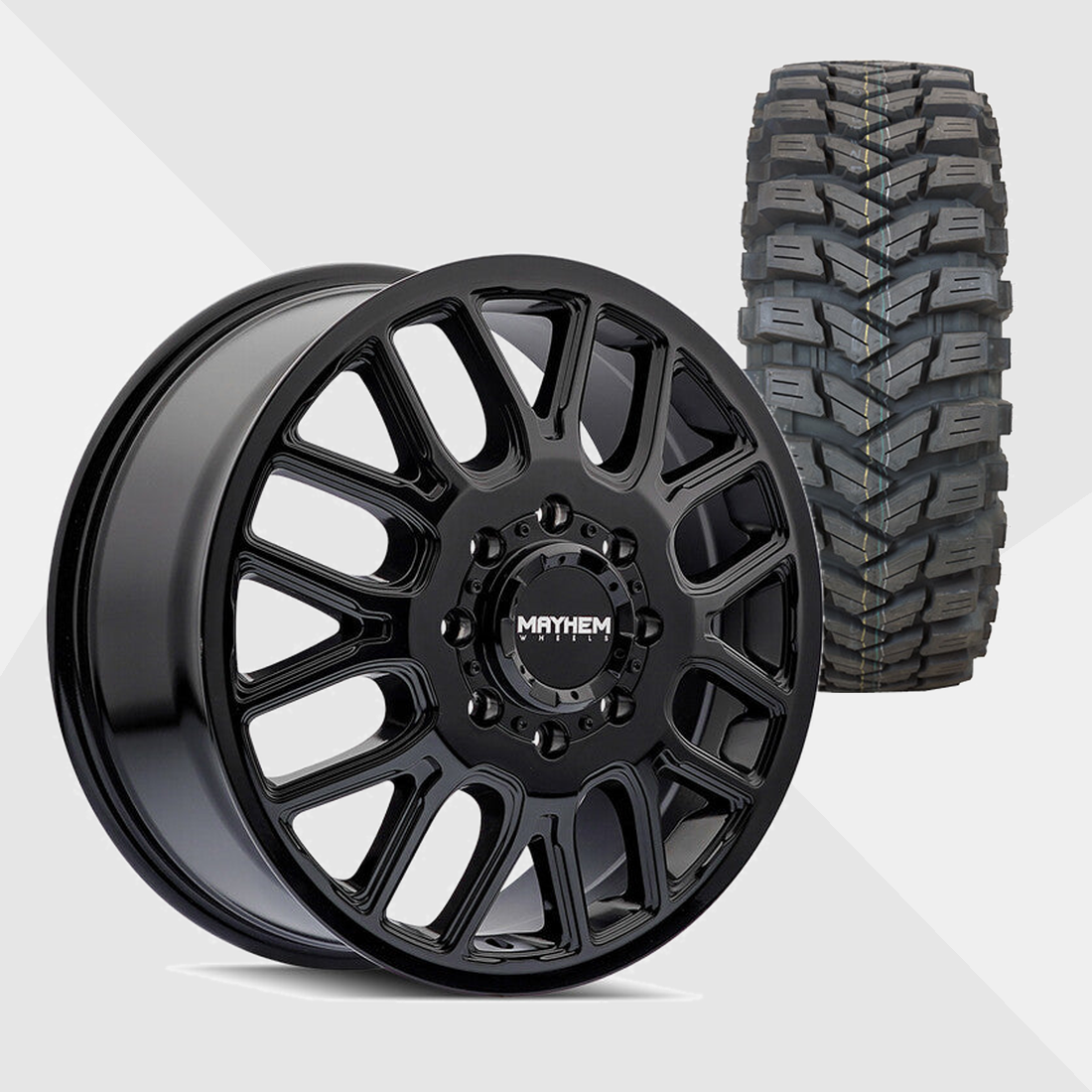 Mayhem Cogent Gloss Black Milled Spokes 20x8.25 8x170 with Maxxis Tires Trepador M8060 35x12.50R20 Dually Package