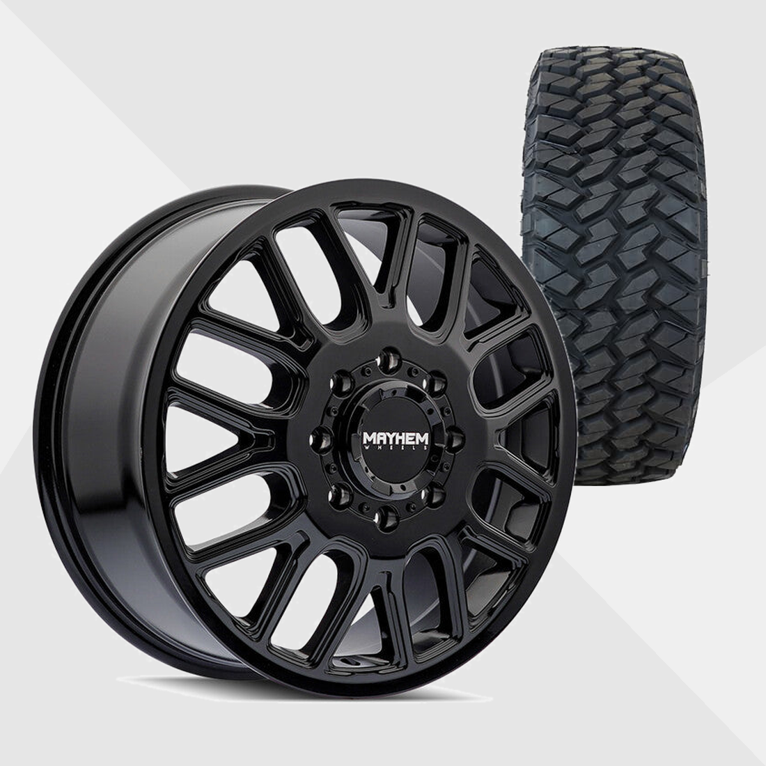 Mayhem Cogent Gloss Black Milled Spokes 22x8.25 8x200 with Nitto Tires Trail Grappler M/T 35x12.50R22 Dually Package