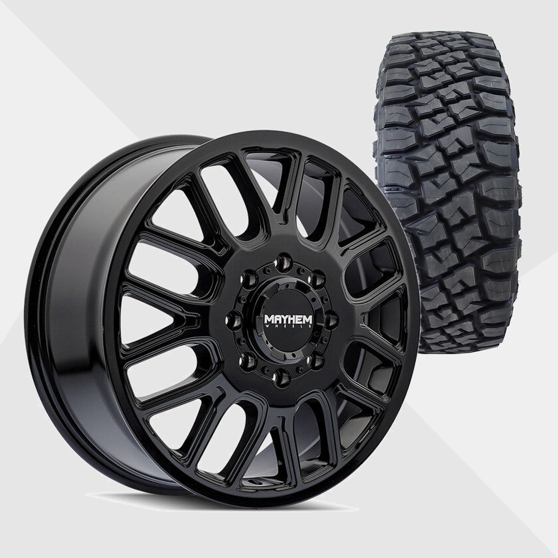 Mayhem Cogent Gloss Black Milled Spokes 20x8.25 8x170 with Toyo Tires Open Country R/T Pro 38x13.50R20 Dually Package