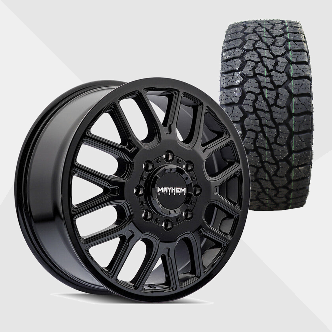 Mayhem Cogent Gloss Black Milled Spokes 22x8.25 8x210 with Venom Power Tires Swampthing A/T 35x12.50R22 Dually Package