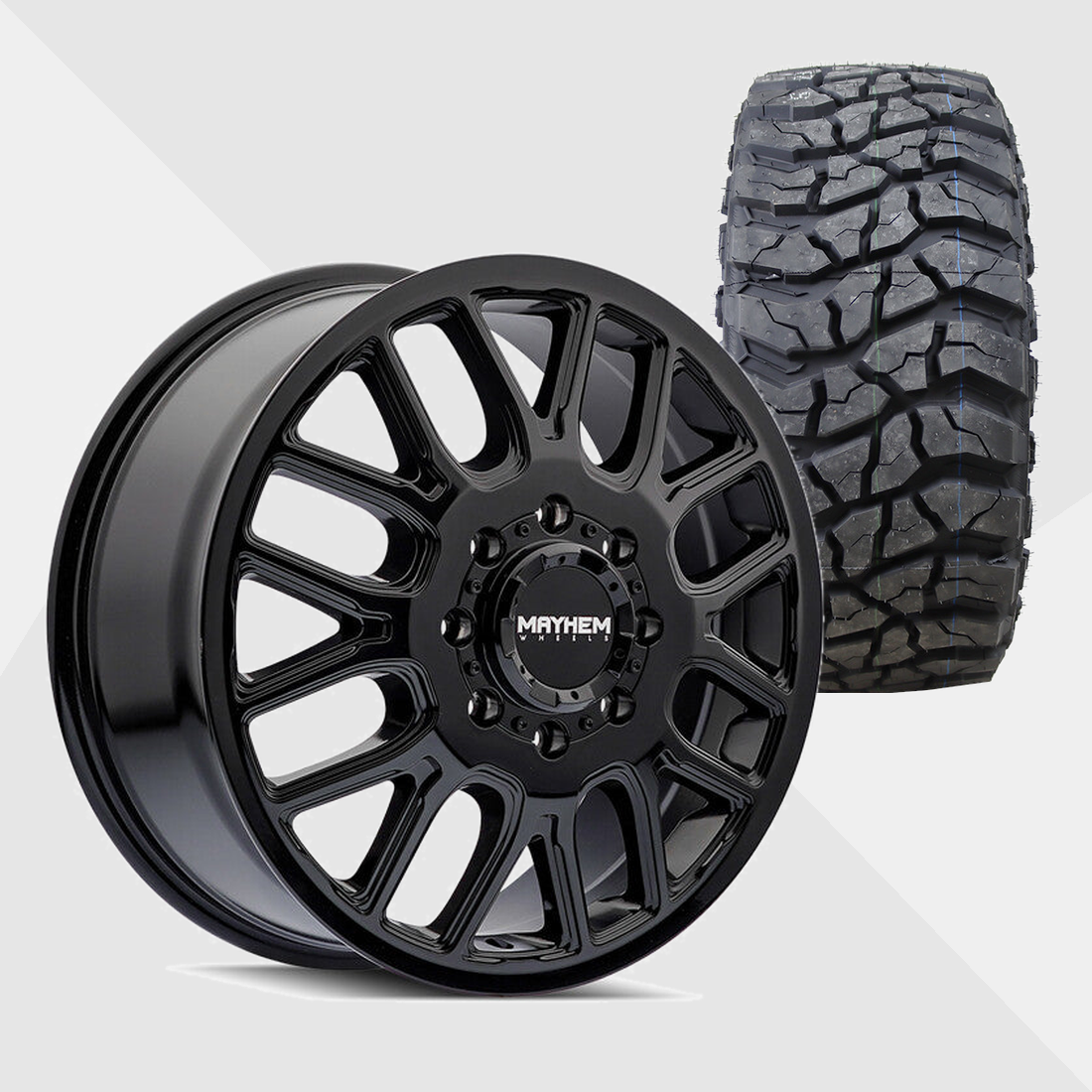 Mayhem Cogent Gloss Black Milled Spokes 22x8.25 8x210 with Venom Power Tires Swampthing M/T 33x12.50R22 Dually Package