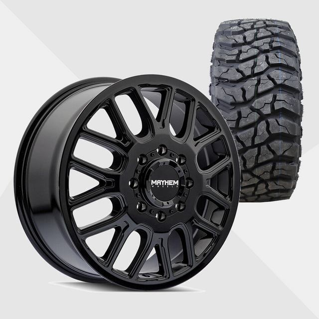 Mayhem Cogent Gloss Black Milled Spokes 22x8.25 8x210 with Venom Power Tires Swampthing M/T 35x12.50R22 Dually Package