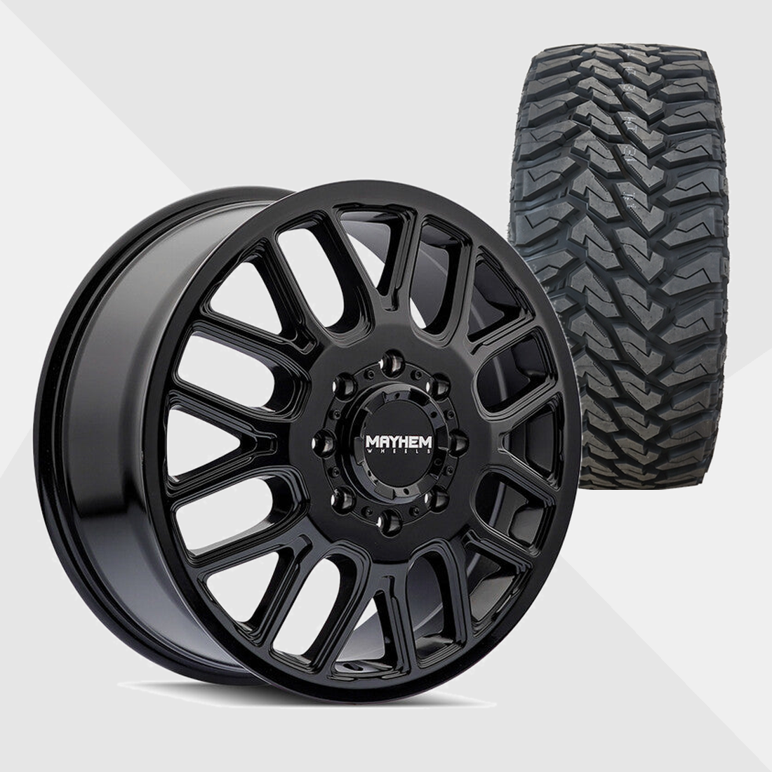 Mayhem Cogent Gloss Black Milled Spokes 22x8.25 8x210 with Venom Power Tires Terra Hunter M/T 35x12.50R22 Dually Package