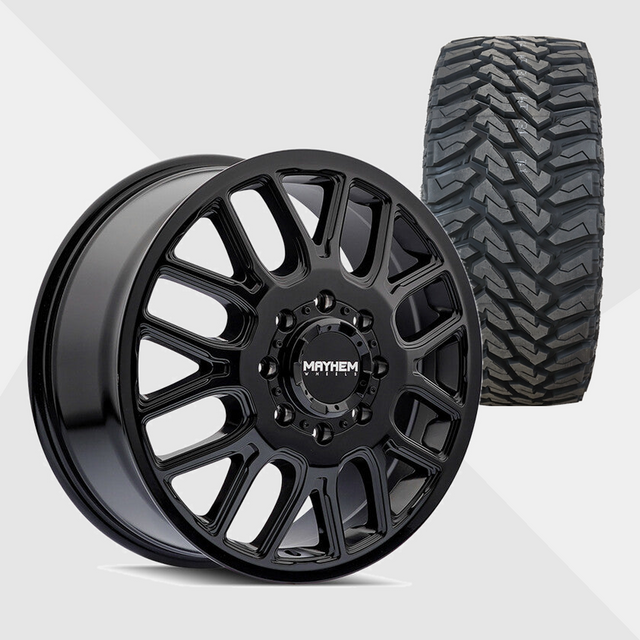 Mayhem Cogent Gloss Black Milled Spokes 22x8.25 8x210 with Venom Power Tires Terra Hunter M/T 35x12.50R22 Dually Package