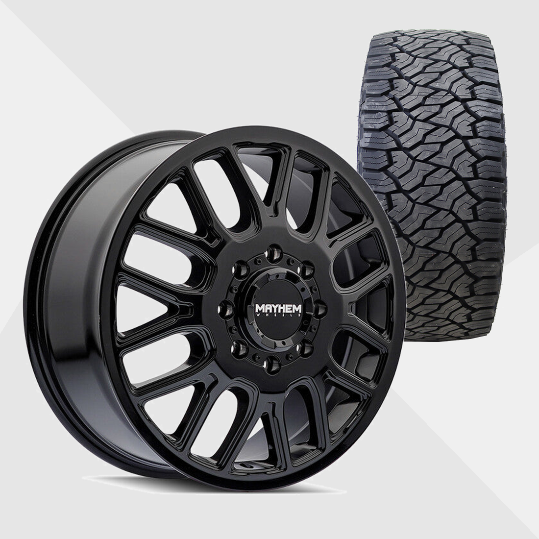 Mayhem Cogent Gloss Black Milled Spokes 20x8.25 8x170 with Venom Power Tires Trail Hunter ATS 33x12.50R20 Dually Package