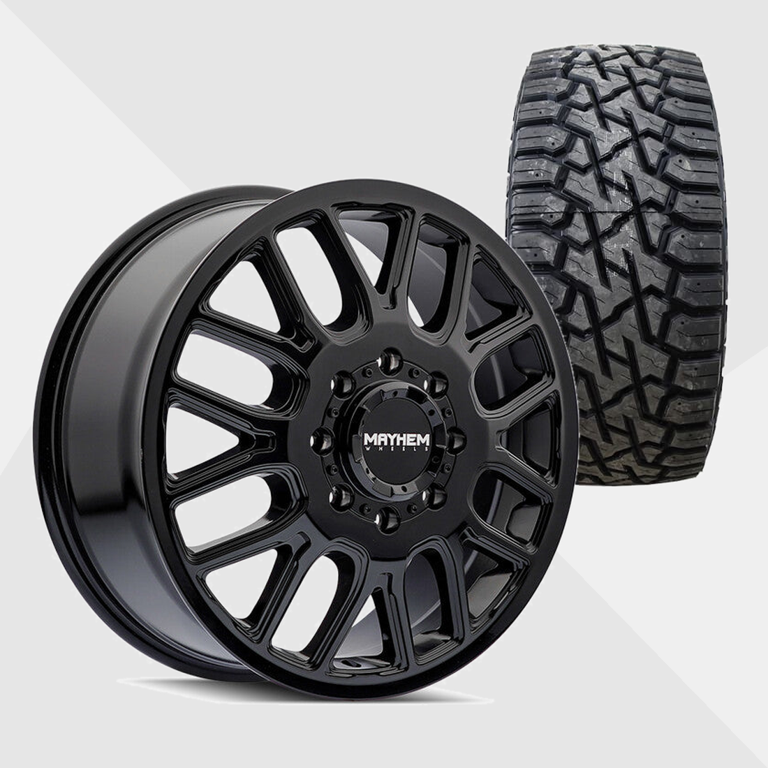 Mayhem Cogent Gloss Black Milled Spokes 20x8.25 8x200 with Venom Power Tires Trail Hunter R/T 275/55R20 Dually Package