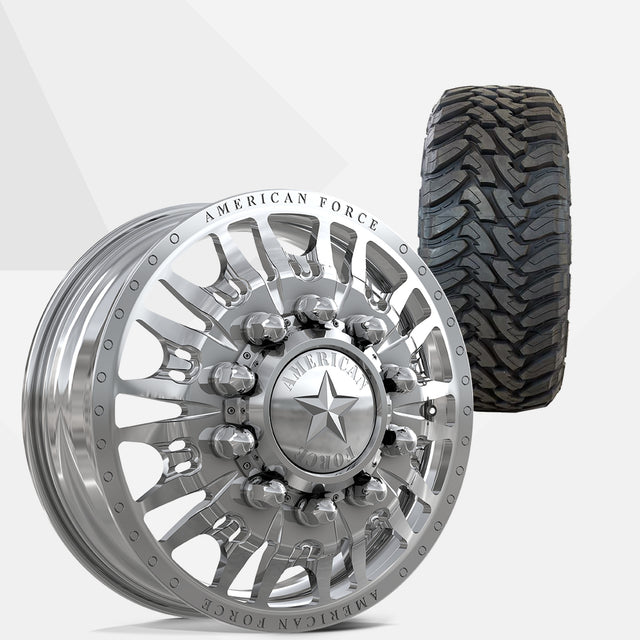 American Force Notch Polished 22x8.25 Wheels & Toyo Tires Open Country M/T 295/55R22 Tires - 22" Dually Package