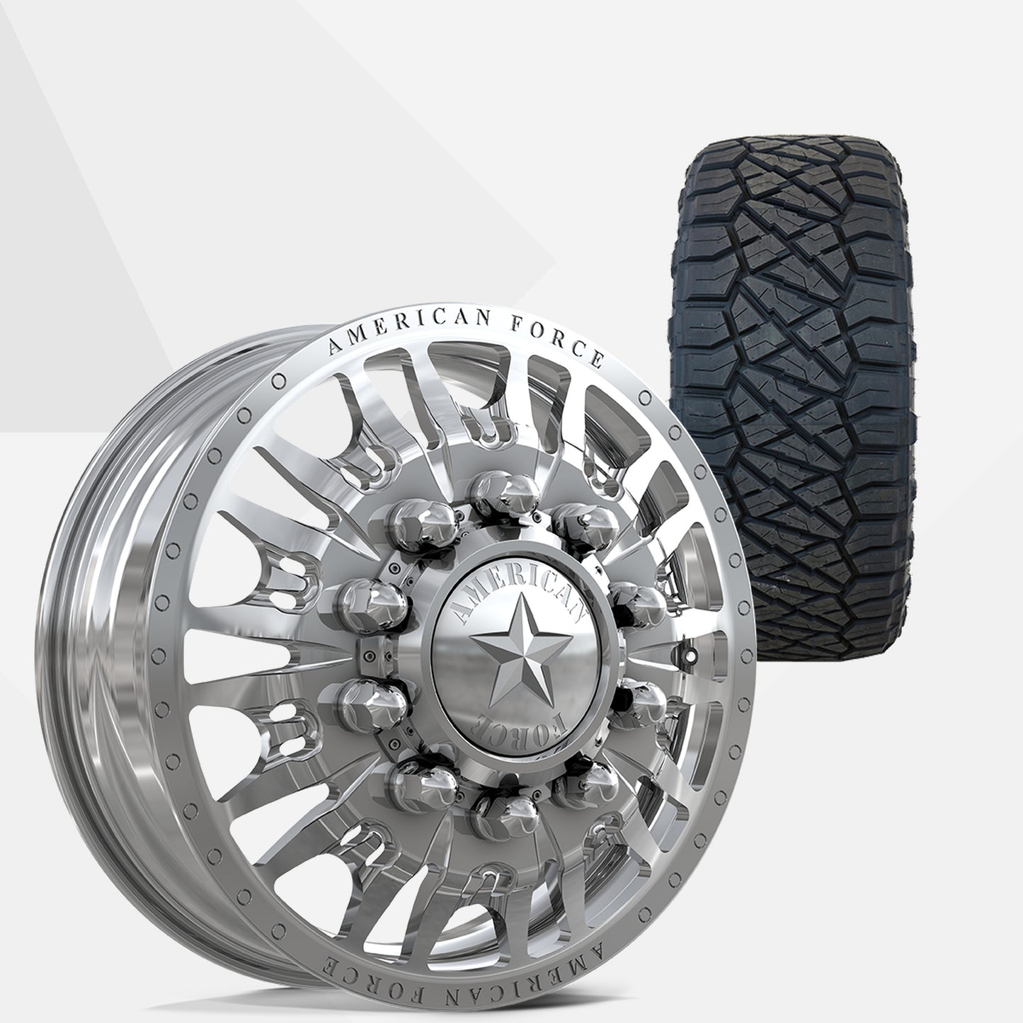 American Force Notch Polished 22x8.25 Wheels & Nitto Tires Ridge Grappler 38x13.50R22 Tires - 22" Dually Package