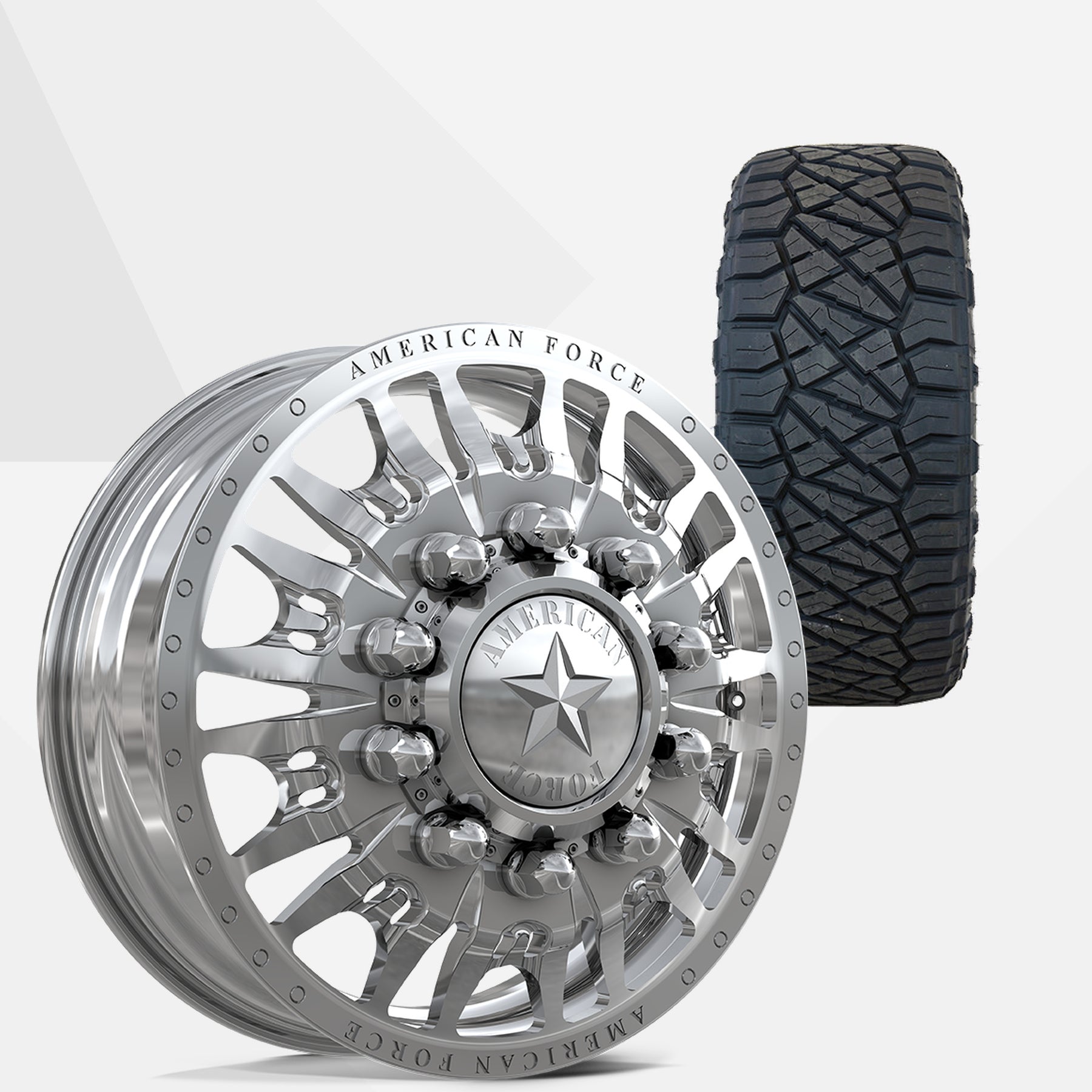 American Force Notch Polished 22x8.25 Wheels & Nitto Tires Ridge Grappler 38x13.50R22 Tires - 22" Dually Package