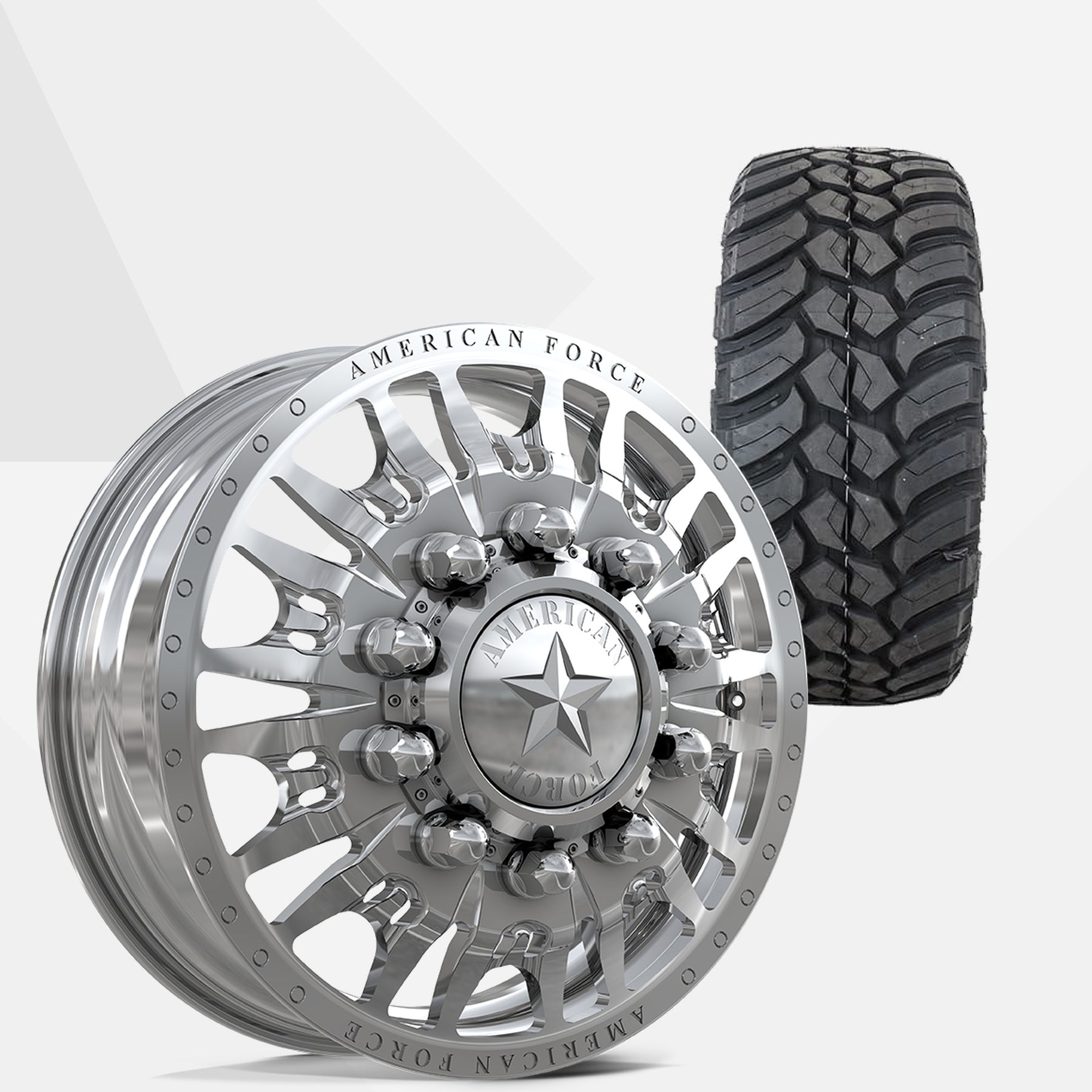 American Force Notch Polished 24x8.25 Wheels & AMP Tires Terrain Attack M/T 35x13.50R24 Tires - 24" Dually Package