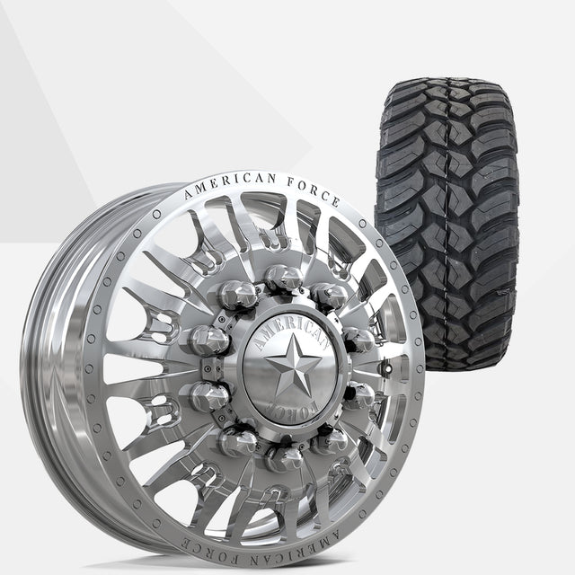 American Force Notch Polished 24x8.25 Wheels & AMP Tires Terrain Attack M/T 35x13.50R24 Tires - 24" Dually Package